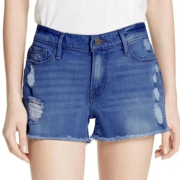 Frame - "Le Cutoff" Denim Distressed Shorts - SZ 27, Medium Wash - Picture 1 of 12